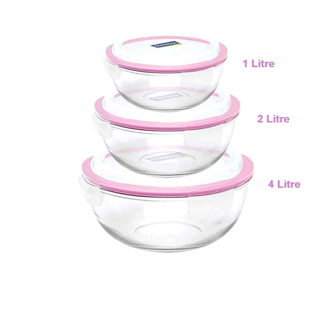 Glasslock Kilitli Sızdırmaz Kapaklı Yuvarlak Cam Saklama Kabı 4, 2 Ve 1 Litrelik 3 Lü Set