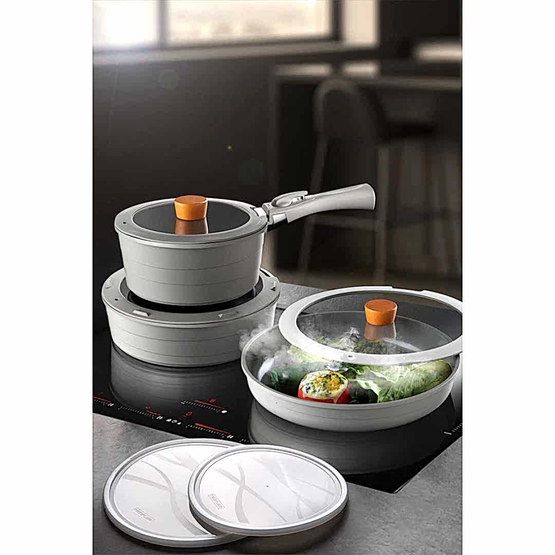 Neoflam Midas Gri 9 Parça Ayrılabilen Saplı İç İçe Geçebilen Tencere Tava Seti